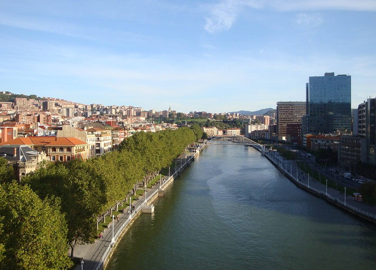 Vista aérea de Bilbao con la ría, el paseo arbolado y los puentes
